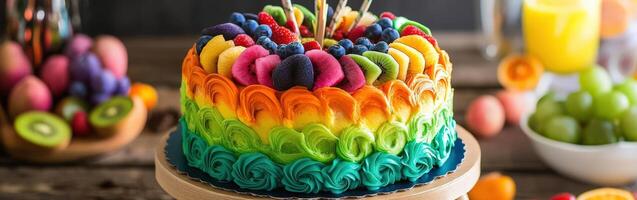 A rainbow cake with fruit on top photo