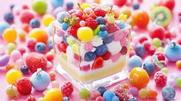 Colorful bento cake with fresh fruit and sweets photo