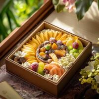 Delicious bento cake with fresh fruit and cream photo