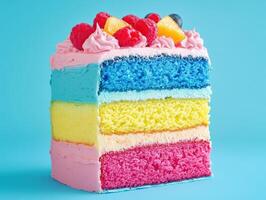 Colorful bento cake with fruit toppings and layers photo