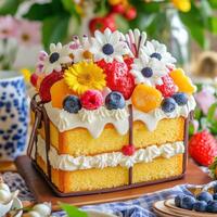 Delicious bento cake decorated with fruits and flowers photo