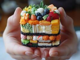 Delightful bento cake with vibrant toppings on display photo
