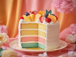 A slice of rainbow cake on a plate with flowers photo