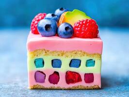 A piece of cake with colorful frosting and berries photo