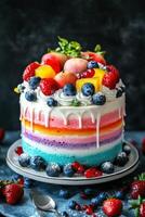 Colorful bento cake with fruits and cream decor photo