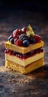 Layers of bento cake topped with fresh berries photo