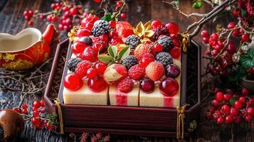 Delicious bento cake topped with fresh fruit photo
