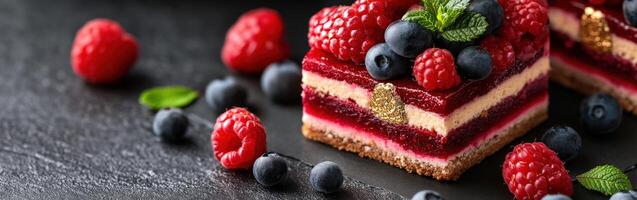 Delicious bento cake with fresh berries and mint photo