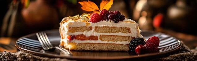 Bento cake decorated with autumn fruits and leaves photo