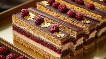 Bento cake decorated with raspberries and gold accents photo
