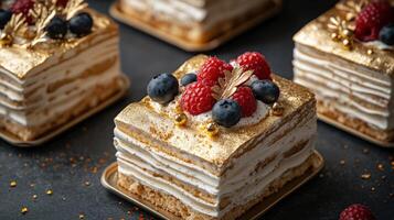 Delicious gold leaf bento cake with fresh berries photo