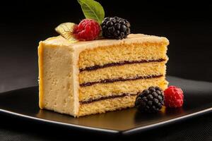 Delicious bento cake with fresh berries on a plate photo