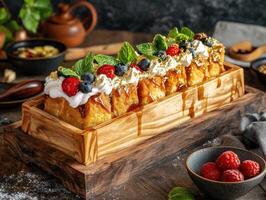Delicious bento cake topped with fresh fruits and mint photo