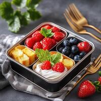 Delicious bento cake with berries and cream toppings photo