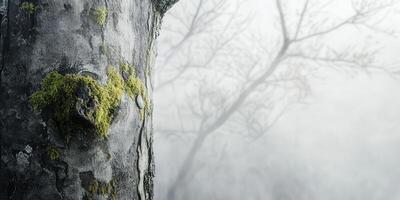 Beautiful tree trunk in misty forest photo