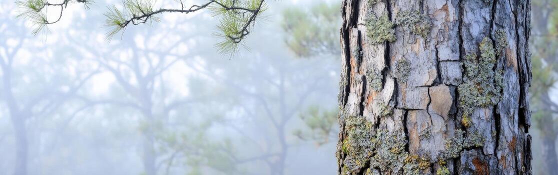 A tree trunk with moss and branches in the fog photo
