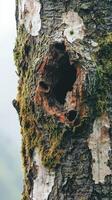 A hole in a tree with moss growing on it photo