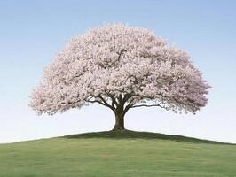 Blooming cherry tree on a hill photo