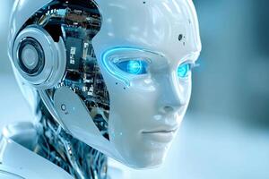 Advanced humanoid robot showing internal circuits and glowing blue eyes photo