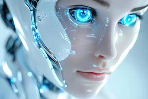 Futuristic gynoid showing glowing blue eyes and artificial intelligence circuits photo