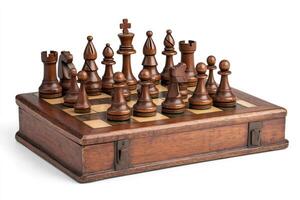 Wooden chessboard with chess pieces arranged showing beginning of game photo