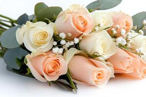 Delicate bouquet of peach and white roses lying on a white surface photo