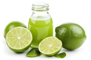 Fresh lime juice in a bottle surrounded by limes and lime slices photo