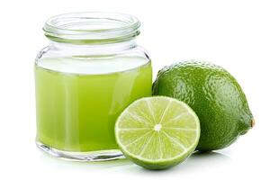 Fresh lime juice in a glass jar with whole and cut limes photo