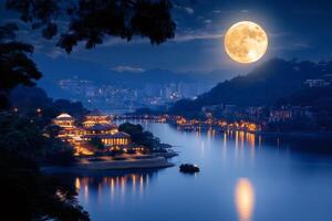 Illuminated ancient temple reflecting on the tranquil lake under the full moon at night photo