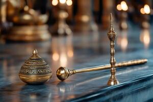 Buddhist ritual objects shining in candlelight in temple photo