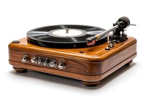 Modern wooden turntable playing a vinyl record on white background. photo