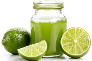 Fresh lime juice in a glass bottle with whole and cut limes photo
