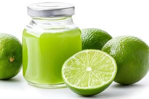 Fresh lime juice in a glass bottle surrounded by limes photo