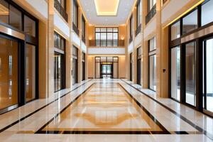 Elegant and spacious lobby with marble floor reflecting lights photo