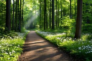 Sunbeams illuminating path in magic forest with white flowers photo