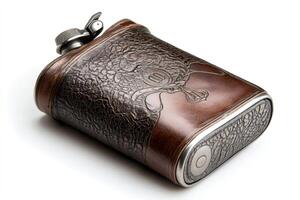 Elegant leather flask resting on white background with metallic cap open photo