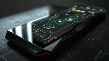 Futuristic smartphone design with glowing interface and high-tech features photo