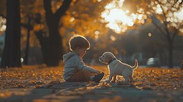 Child and Puppy Playing Together in Autumn Park Surrounded by Golden Leaves and Soft Light photo
