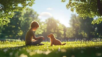 Boy Sitting on Grass with Puppy in Sunlight Surrounded by Trees and Soft Nature Scene photo
