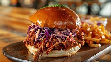 Delicious BBQ Pulled Pork Sandwich with Cabbage Slaw and Crispy Fries on a Rustic Table photo
