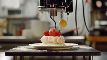 Precision Dessert Creation with Automated Machine and Fresh Strawberries photo
