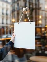 A person holding a blank sign in front of a window photo
