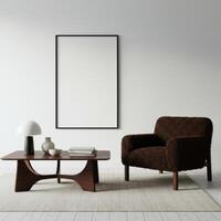 Poster frame setup, stylish home decor concept. Contemporary lounge backdrop with cozy elements. photo
