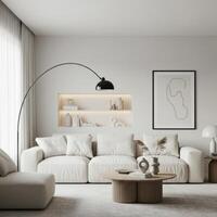 Interior frame setup, lounge wall decor sample. Modern home styling with artistic background. Chic and cozy ambiance. 3D modeled scene. photo
