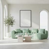 Poster frame display, stylish house decor. Elegant living room backdrop with cozy ambiance. Contemporary wall styling. 3D rendered scene. photo