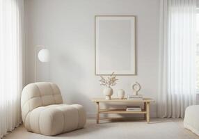 Wall poster showcase, stylish interior frame preview. Elegant home backdrop with modern design. photo