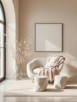 A white living room with a large window and a chair photo