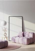 Living room decor, stylish wall frame preview. Elegant house setup with artistic furnishings. Modern ambiance visualization. 3D render. photo