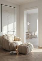 Stylish frame preview, home wall decor scene. Elegant lounge backdrop with trendy furnishings. Contemporary ambiance visualization. 3D render. photo