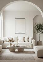 Stylish living space, frame decor preview. Modern home wall display with artistic styling. Elegant ambiance setup. 3D digital render. photo